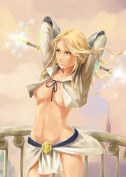 Rule 34 | 1girl, absurdres, arms behind head, arms up, blonde hair, blue eyes, breasts, cloud, female focus, front-tie top, highres, hip focus, league of legends, long hair, lux (league of legends), midriff, navel, no bra, no lineart, outdoors, skirt, sky, solo, sparkle, standing, tychytamara, underboob, wand