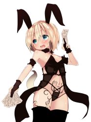 Rule 34 | 1girl, animal ears, atahuta, black thighhighs, blonde hair, blue eyes, blush, breasts, cross, cross necklace, detached collar, erica hartmann, gloves, highres, jewelry, navel, necklace, nipples, ofuda, open mouth, partially fingerless gloves, rabbit ears, revealing clothes, short hair, small breasts, smile, solo, strapless, strike witches, tail, tattoo, thighhighs, transparent background, world witches series
