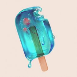 Rule 34 | air bubble, artist name, bubble, commentary, food, food focus, highres, jellyfish, no humans, original, popsicle, signature, simple background, tyler amato, water, waving