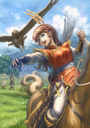 Rule 34 | 1boy, 1girl, absurdres, arrow (projectile), bad id, bad pixiv id, bird, blue eyes, brown hair, commentary request, day, earrings, falcon, fantasy, feathers, fur trim, gloves, highres, horse, horseback riding, jewelry, long hair, original, outdoors, quiver, riding, saber (weapon), scabbard, scenery, sheath, sheathed, sheep, shiki makoto, single glove, sky, solo focus, sword, weapon