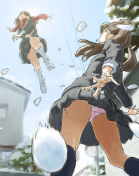 Rule 34 | 2girls, battle, black socks, brown hair, crossed arms, day, dodging, fighting, from below, jumping, kneehighs, multiple girls, original, outdoors, panties, pantyshot, pink panties, playing, playing games, power lines, scarf, scarf over mouth, school uniform, shoes, skirt, sky, snow, snowball, snowball fight, socks, throwing, tnt (aaaazzzz), traffic mirror, twintails, underwear, upskirt, white legwear, winter