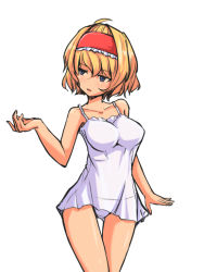 Rule 34 | 1girl, alice margatroid, azm (mochanepore), beckoning, blonde hair, breasts, chemise, hairband, large breasts, lingerie, panties, short hair, simple background, solo, touhou, underwear, underwear only, white background, white panties