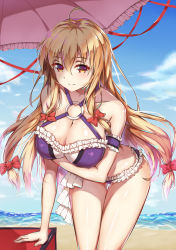 Rule 34 | 1girl, absurdres, arm garter, bare shoulders, beach, bikini, blonde hair, blue sky, bow, breast hold, breasts, cleavage, collarbone, cowboy shot, day, frilled bikini, frills, hair between eyes, hair bow, highres, large breasts, leaning forward, looking at viewer, o-ring, o-ring top, outdoors, purple bikini, red bow, red eyes, sand, sky, smile, solo, swimsuit, thigh gap, touhou, umbrella, water, yakumo yukari, yuxian youka