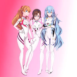 Rule 34 | 3girls, absurdres, alternate hair length, alternate hairstyle, artist request, ayanami rei, blue eyes, blue hair, blush, bodysuit, breasts, brown hair, covered navel, curvy, evangelion: 3.0+1.0 thrice upon a time, eyepatch, full body, glasses, gradient background, hand on own hip, highres, interface headset, long hair, looking at viewer, low twintails, makinami mari illustrious, medium breasts, multiple girls, neon genesis evangelion, open mouth, plugsuit, rebuild of evangelion, red eyes, simple background, souryuu asuka langley, standing, teeth, twintails, two side up, v, very long hair, white bodysuit, wide hips