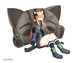 Rule 34 | 1girl, animal ear headphones, animal ears, artist name, black socks, blush, boots, cat ear headphones, cat ears, cat girl, cat-shaped pillow, cat tail, character name, closed eyes, commentary, covered mouth, facing viewer, fake animal ears, girls&#039; frontline, green ribbon, grey footwear, grey jacket, gun, headphones, holding, holding gun, holding weapon, jacket, long hair, long sleeves, name connection, object namesake, ribbon, seero, simple background, sitting, sleeves past wrists, socks, solo, b&amp;t mp9, submachine gun, tail, tail ornament, tail ribbon, tmp (girls&#039; frontline), very long hair, weapon, white background