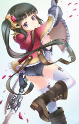 Rule 34 | 1girl, ass, atelier (series), atelier totori, black hair, boots, breasts, brown eyes, brown hair, capelet, clothing cutout, female focus, from behind, glaive (polearm), gloves, hair ornament, hairpin, hood, knee boots, long hair, looking back, mimi houllier von schwarzlang, polearm, ponytail, purple eyes, side cutout, sideboob, small breasts, solo, standing, standing on one leg, suspenders, thighhighs, twintails, very long hair, victor (tama e akira), weapon, white thighhighs
