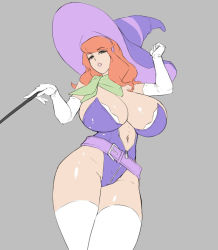 Rule 34 | 1girl, belt, breasts, daphne blake, eu03, female focus, hairband, hat, large breasts, long glove, red hair, scarf, scooby-doo, solo, thighhighs, wand, witch hat