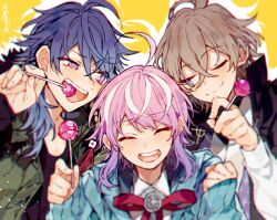 Rule 34 | 3boys, ahoge, amemura ramuda, arisugawa dice, black shirt, blue hair, blue jacket, brown hair, closed eyes, closed mouth, fling posse, gradient hair, green eyes, green vest, hand up, hood, hood down, hooded jacket, hypnosis mic, jacket, looking at another, looking to the side, multicolored hair, multiple boys, neck ribbon, one eye closed, open mouth, pink hair, pink ribbon, purple eyes, purple hair, ribbon, sapphire (nine), shirt, simple background, smile, streaked hair, vest, white shirt, yellow background, yumeno gentaro