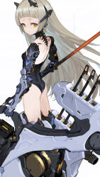 Rule 34 | 1girl, absurdres, akefumi, arms at sides, ass, black leotard, blunt bangs, breasts, cowboy shot, cropped, from behind, grey hair, headgear, highres, holding, holding polearm, holding weapon, leotard, long hair, looking at viewer, looking back, machinery, mecha musume, mechanical arms, mechanical spine, orange eyes, original, polearm, science fiction, sideways glance, simple background, small breasts, very long hair, weapon, white background