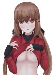 Rule 34 | 1girl, black bow, black gloves, bow, breasts, brown eyes, brown hair, fingerless gloves, gloves, hair bow, highres, kantai collection, long hair, low twintails, medium breasts, red shirt, ryouki (34388923), shirt, simple background, solo, tashkent (kancolle), twintails, underboob, upper body, white background