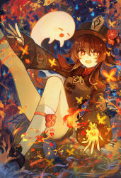 Rule 34 | 1girl, absurdres, black coat, black footwear, black hat, black nails, black shorts, brown hair, chinese clothes, coat, commentary request, fire, flower, flower-shaped pupils, genshin impact, ghost, hat, highres, hu tao (genshin impact), jewelry, kneehighs, knees up, long hair, long sleeves, looking at viewer, multiple rings, open mouth, plum blossoms, porkpie hat, red eyes, ring, shoes, shorts, smile, socks, solo, symbol-shaped pupils, tailcoat, tgf pic, twintails, white socks