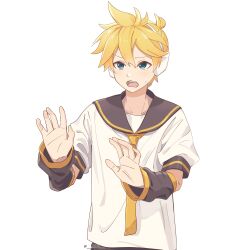 Rule 34 | 1boy, absurdres, aqua eyes, arm warmers, black arm warmers, black sailor collar, blocking, blonde hair, commentary, headphones, highres, kagamine len, m0ti, male focus, necktie, nervous, open mouth, outstretched arms, outstretched hand, sailor collar, school uniform, shirt, short sleeves, simple background, solo focus, spiked hair, standing, sweat, twitter username, upper body, vocaloid, white background, white shirt, yellow necktie
