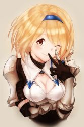 Rule 34 | 10s, 1girl, ;), black gloves, blonde hair, blush, breast hold, breasts, brown background, brown eyes, cleavage, cleavage cutout, closed mouth, clothing cutout, djeeta (granblue fantasy), eyebrows, gloves, granblue fantasy, granblue fantasy: relink, granblue fantasy project re:link, hair between eyes, hairband, hand to own mouth, highres, medium breasts, one eye closed, short hair, simple background, smile, solo, upper body, wakaba (945599620)