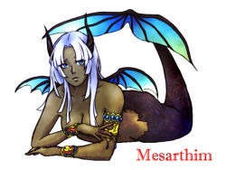Rule 34 | 1girl, armband, bracelet, breasts, character name, cleavage, closed mouth, commentary request, coral, covering nipples, covering privates, dark-skinned female, dark skin, full body, gold trim, jewelry, long hair, looking at viewer, mermaid, mesarthim, monster girl, saga, saga frontier, simple background, solo, white background