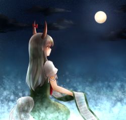 Rule 34 | 1girl, cloud, dress, ex-keine, facing away, from behind, full moon, gradient background, green dress, green hair, highres, horn ornament, horn ribbon, horns, kamishirasawa keine, koto (shiberia39), light frown, light particles, long hair, moon, night, outdoors, puffy short sleeves, puffy sleeves, red eyes, ribbon, scroll, short sleeves, sky, solo, star (sky), starry sky, tail, touhou