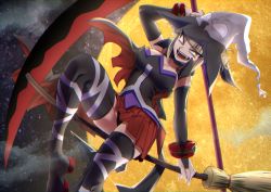 Rule 34 | 1girl, black panties, black thighhighs, blonde hair, blunt bangs, boku no hero academia, broom, broom riding, cape, cosplay, detached collar, double bun, dutch angle, fangs, full moon, hair bun, hat, holding, holding scythe, holding weapon, messy hair, moon, open mouth, panties, pleated skirt, red skirt, scythe, sidelocks, skirt, sky, solo, star (sky), starry sky, thighhighs, toga himiko, underwear, upskirt, weapon, witch hat, yellow eyes