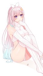 Rule 34 | 1girl, airani iofifteen, airani iofifteen (artist), alternate costume, blue hair, bow, garter straps, gradient hair, hair bow, hair ornament, highres, hololive, hololive indonesia, long hair, looking at viewer, meme attire, multicolored hair, panties, pink hair, purple eyes, ribbed legwear, ribbed sleeves, ribbed sweater, ribbed thighhighs, side-tie panties, simple background, sleeveless, sleeveless turtleneck, solo, sweater, turtleneck, turtleneck sweater, underwear, virgin destroyer sweater, virtual youtuber, white background, white garter straps, white panties, white sweater