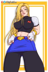 1girl abs absurdres android_18 blonde_hair blue_eyes breasts dragon_ball female_focus fusion gloves hands_on_own_hips highres large_breasts long_hair looking_at_viewer miniskirt muscular muscular_arms muscular_female ornament pantyhose shirt skirt smile solo super_android_18 thick_thighs thighs very_long_hair