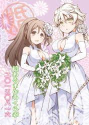 Rule 34 | 10s, 2girls, alternate costume, amagi (kancolle), asymmetrical hair, bouquet, braid, breasts, bridal gauntlets, brown eyes, brown hair, cleavage, cleavage cutout, clothing cutout, detached sleeves, dress, elbow gloves, flower, from below, gloves, gown, hair between eyes, hair flower, hair ornament, jitome, kantai collection, large breasts, lily (flower), long hair, looking at viewer, matching outfits, medium breasts, minamoto hisanari, mole, mole under eye, multiple girls, open mouth, parted lips, ponytail, rose, silver hair, single braid, sleeveless, sleeveless dress, smile, unryuu (kancolle), very long hair, wedding dress, white dress, white flower, white gloves, white rose, yellow eyes