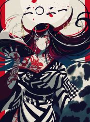 Rule 34 | 1girl, berryverrine, black hair, earrings, fingernails, floating hair, highres, holding, horns, japanese clothes, jewelry, kimono, looking at viewer, nail polish, off shoulder, original, parted lips, print kimono, red eyes, red nails, shadow, sharp fingernails, smile, solo, tattoo, upper body