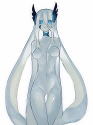 Rule 34 | 1girl, blue eyes, breasts, choker, closed mouth, colored skin, completely nude, cowboy shot, gluteal fold, grey hair, grey skin, highres, horns, long hair, looking at viewer, medium breasts, monster girl, navel, nude, original, ruteko (ruko220), simple background, slime girl, solo, standing, thigh gap, twintails, very long hair, white background
