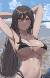 Rule 34 | 1girl, :3, alternate costume, armpits, arms up, asymmetrical hair, beach, bikini, black bikini, blue sky, blush, breasts, brown hair, cleavage, closed mouth, cloud, cloudy sky, commentary, contrail, cowboy shot, day, earrings, final fantasy, final fantasy vii, glint, hair between eyes, highres, jewelry, large breasts, lips, long hair, looking at viewer, low-tied long hair, navel, ocean, outdoors, red eyes, ryudraw, sidelocks, signature, skindentation, sky, smile, solo, square enix, stomach, string bikini, swimsuit, symbol-only commentary, tifa lockhart