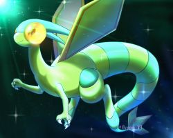 Rule 34 | alternate color, bright pupils, claws, closed mouth, commentary request, creatures (company), flygon, game freak, gen 3 pokemon, looking at viewer, nintendo, no humans, pokemon, pokemon (creature), shiny pokemon, smile, solo, sparkle, twitter username, watermark, yujyu