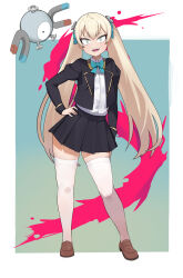 1girl :d absurdres aqua_eyes blazer blonde_hair borrowed_character creatures_(company) full_body game_freak gen_1_pokemon highres jacket loafers long_hair magne_(accio) magnemite mecha_(93285319) nintendo open_mouth original pleated_skirt pokemon puffy_sleeves school_uniform sharp_teeth shoes skirt smile solo teeth thighhighs twintails white_thighhighs