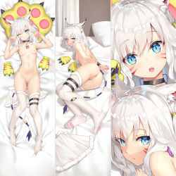 Rule 34 | 1girl, :o, ;d, animal ear fluff, animal ears, animal hands, anus, arms behind back, bed sheet, black choker, blue eyes, bound, bound wrists, breasts, chinese commentary, choker, cleft of venus, closed mouth, commentary request, cum, cum on pussy, dakimakura (medium), digimon, digimon adventure, facial mark, fox ears, fox girl, fox tail, full body, fur-trimmed legwear, fur-trimmed skirt, fur trim, gloves, grin, hair between eyes, hands up, highres, humanization, looking at viewer, lying, medium hair, multiple views, navel, nipples, nude, on back, on side, one eye closed, one side up, open mouth, paw gloves, paw pose, paw print, paw print socks, paw print soles, pillow, portrait, pussy, skirt, slit pupils, small breasts, smile, stomach, tail, tailmon, thigh strap, thighhighs, uncensored, unworn gloves, unworn skirt, whisker markings, whistle, whistle around neck, white hair, white skirt, white thighhighs, yutian alice