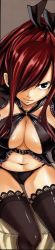 Rule 34 | 1girl, black panties, breasts, brown eyes, cleavage, erza scarlet, fairy tail, large breasts, long hair, looking at viewer, mashima hiro, navel, official art, panties, ponytail, red hair, sitting, smile, solo, stomach, thighhighs, thighs, third-party edit, underwear