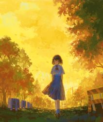 Rule 34 | 1girl, black hair, blue skirt, brown footwear, closed eyes, closed mouth, collared shirt, commentary request, fjsmu, grass, highres, loafers, long skirt, nature, original, scenery, school uniform, shirt, shoes, short hair, short sleeves, skirt, smile, socks, solo, tree, white shirt, white socks, yellow theme