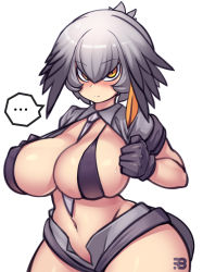 Rule 34 | ..., 10s, 1girl, alternate breast size, artist logo, bare arms, between breasts, bikini, bikini top only, bird tail, black gloves, black hair, blush, breasts, closed mouth, collared shirt, covered erect nipples, curvy, gloves, grey hair, grey necktie, grey shirt, grey shorts, groin, hair between eyes, hands up, highres, hip focus, huge breasts, kemono friends, korean commentary, low ponytail, medium hair, multicolored hair, navel, necktie, necktie between breasts, open clothes, open fly, open shirt, open shorts, orange hair, rabbitbrush, shirt, shoebill (kemono friends), short shorts, short sleeves, shorts, side ponytail, simple background, skindentation, slit pupils, solo, spoken ellipsis, stomach, swimsuit, tail, upper body, white background, wide hips, wing collar, yellow eyes