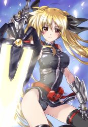 Rule 34 | 1girl, armlet, bardiche (nanoha), bardiche (zanber form) (nanoha), belt, black leotard, black ribbon, black thighhighs, blonde hair, closed mouth, commentary, fate testarossa, fate testarossa (true sonic form), gauntlets, gloves, grey gloves, hair ribbon, hand on own thigh, highleg, highleg leotard, holding, holding weapon, kuroi mimei, leotard, long hair, looking at viewer, lyrical nanoha, magical girl, mahou shoujo lyrical nanoha strikers, pelvic curtain, red belt, red eyes, ribbon, single horizontal stripe, skindentation, sleeveless, smile, solo, standing, thighhighs, thighs, twintails, weapon, wind