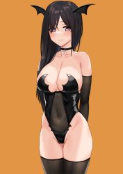Rule 34 | 1girl, anti (0324), arms up, bare shoulders, black choker, black hair, black leotard, black thighhighs, blush, breasts, choker, cleavage, closed mouth, collarbone, commentary request, covered navel, cowboy shot, cross, cross choker, gluteal fold, groin, hair over one eye, head wings, large breasts, leotard, long hair, looking at viewer, mole, mole under eye, mole under mouth, orange background, original, purple eyes, simple background, smile, solo, strapless, strapless leotard, thigh gap, thighhighs, wings