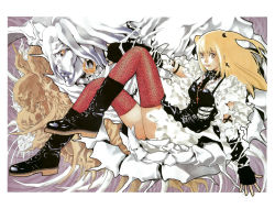 Rule 34 | 2girls, amane misa, animal print, black footwear, blonde hair, boots, cross-laced footwear, death note, earrings, fingerless gloves, gloves, highres, jewelry, lace-up boots, leather, leather boots, leopard print, multiple girls, obata takeshi, official art, patterned legwear, pink legwear, print legwear, rem (death note), scan, shinigami, shoes, thighhighs, twintails, two side up
