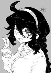 Rule 34 | 1girl, @ @, ahoge, alternate costume, alternate hairstyle, blush, braid, braided ponytail, buttons, cardigan, chichibu (watson), collared shirt, commentary request, creatures (company), game freak, glasses, grey background, greyscale, hair between eyes, hairband, hand up, hex maniac (pokemon), highres, long sleeves, looking at viewer, monochrome, nintendo, npc trainer, open mouth, pokemon, pokemon xy, shirt, sidelocks, simple background, sleeves past wrists, smile, solo, tongue, v