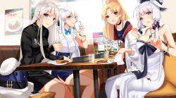 Rule 34 | 4girls, ahoge, alternate costume, alternate hairstyle, azur lane, bag, bare legs, belfast (azur lane), blonde hair, blue eyes, bow, bowtie, breasts, choker, cleavage, cleveland (azur lane), collarbone, cup, curry, curry rice, dress, drinking, earrings, enterprise (azur lane), food, food on clothes, hair ribbon, handbag, hat, highres, illustrious (azur lane), jacket, jewelry, lace-trimmed collar, lace trim, long hair, looking at viewer, medium breasts, miniskirt, mole, mole under eye, multiple girls, napkin, necklace, open mouth, pendant, plate, ponytail, red eyes, restaurant, ribbon, rice, shirt, sidelocks, silver hair, sitting, skirt, sleeveless, sleeveless dress, small breasts, spoon, straight hair, table, tress ribbon, unworn hat, unworn headwear, white dress, white hat, yamaha tsui