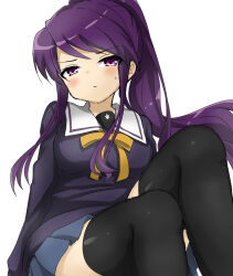 Rule 34 | 1girl, black thighhighs, blue skirt, blush, bow, breasts, character request, closed mouth, commentary request, copyright request, floating hair, furrowed brow, hara yui (style), hexagram, highres, long sleeves, looking at viewer, marihei64ds, medium breasts, pleated skirt, purple eyes, purple hair, purple serafuku, school uniform, serafuku, shiny clothes, shiny legwear, shiny skin, sidelocks, simple background, sitting, skirt, solo, sweat, sweatdrop, swept bangs, thighhighs, uniform, white background, yellow bow