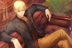 Rule 34 | 1boy, black shirt, blonde hair, blouse, commentary request, crossed legs, earrings, eisuto, fate (series), gilgamesh (fate), highres, jacket, jewelry, looking at viewer, male focus, necklace, red eyes, red shirt, shirt, sitting, smile, solo, striped clothes, striped shirt, tagme, watch