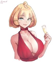 Rule 34 | 1girl, absurdres, alternate breast size, breasts, champagne flute, choker, cleavage, collarbone, commentary, cup, drinking glass, english commentary, green eyes, highres, holding, holding cup, jamwes, large breasts, looking at viewer, millie parfait, nijisanji, nijisanji en, red choker, short hair, smile, solo, upper body, virtual youtuber, white background