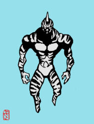 Rule 34 | 1boy, abs, artist request, blank eyes, full body, kinnikuman, kinnikuman zebra, large pectorals, looking at viewer, lowres, manly, muscular, pectorals, serious, shaded face, simple background, solo, standing, wrestling, wrestling mask, wrestling outfit
