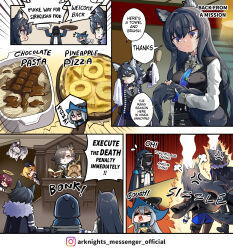Rule 34 | &gt; &lt;, + +, 1boy, 1other, 6+girls, puff of air, anger vein, animal ears, arknights, black hair, candy, chibi, chocolate, chocolate bar, comic, commentary, doctor (arknights), emphasis lines, english commentary, english text, exusiai (arknights), flying sweatdrops, food, green eyes, hair brush, halo, highres, hm (hmongt), instagram logo, judge, lappland (arknights), lappland (refined horrormare) (arknights), long hair, multiple girls, notice lines, official alternate costume, pasta, penance (arknights), pineapple pizza, pizza, skadi (arknights), sora (arknights), sora (melodiosa) (arknights), speech bubble, spoken character, sweatdrop, tail, tears, texas (arknights), texas the omertosa (arknights), vigil (arknights), wet, wet clothes, wolf boy, wolf ears, wolf girl, wolf tail