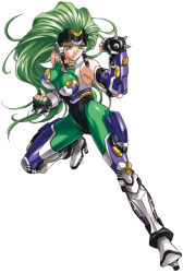 Rule 34 | 1girl, armor, aschen brodel, banpresto, big hair, bodysuit, boots, breasts, clenched hand, clenched hands, elbow gloves, fighting stance, fingerless gloves, frown, full body, gauntlets, gloves, green eyes, green hair, helmet, high heels, impossible clothes, kouno sachiko, large breasts, long hair, looking away, matching hair/eyes, official art, raised fist, robot ears, shoes, simple background, solo, spikes, spread legs, super robot wars, super robot wars og saga mugen no frontier, thigh boots, thighhighs, very long hair, watermark
