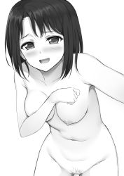 Rule 34 | 1girl, bang dream!, blush, breasts, female pubic hair, greyscale, highres, large breasts, looking at viewer, monochrome, naitou kirara, nipples, nude, okusawa misaki, open mouth, pubic hair, pussy, short hair, simple background, solo, uncensored, white background