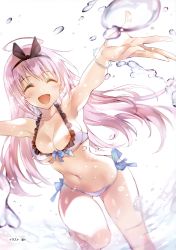 Rule 34 | 1girl, absurdres, armpits, bikini, black hairband, bow hairband, breasts, closed eyes, foot out of frame, hairband, happy, highres, hikawa ruriwo, long hair, medium breasts, motoyon, nipple slip, nipples, open mouth, outstretched arms, pink hair, sakura no toki, solo, swimsuit, water, water drop