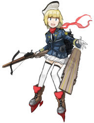 Rule 34 | 10s, 1girl, blonde hair, blue eyes, boots, bow (weapon), brown footwear, crossbow, ergot, flight deck, full body, gloves, hat, highres, kantai collection, machinery, mecha musume, military, military uniform, miniskirt, original, personification, red scarf, sailor hat, scarf, short hair, simple background, skirt, smile, solo, thighhighs, uniform, united states navy, uss ranger (cv-4), weapon, white background, white gloves, white thighhighs, zettai ryouiki