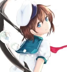 Rule 34 | 1girl, anchor, blue eyes, brown hair, bubble, hat, highres, looking at viewer, looking back, lumo 1121, murasa minamitsu, neckerchief, sailor, sailor hat, short hair, short sleeves, smile, solo, touhou, upper body