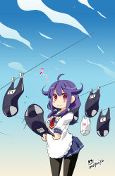 Rule 34 | 10s, 1girl, ahoge, clothesline, day, drying, drying clothes, hair flaps, highres, imu sanjo, kantai collection, laundry pole, long hair, low twintails, musical note, one-piece swimsuit, pantyhose, pleated skirt, purple hair, quaver, red eyes, school swimsuit, school uniform, serafuku, skirt, sky, smile, solo, swimsuit, taigei (kancolle), twintails