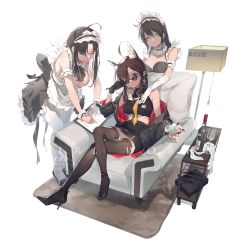 Rule 34 | 3girls, absurdres, ahoge, animal ear fluff, animal ears, apron, arm garter, armchair, ascot, black choker, black dress, black footwear, black gloves, black hair, black jacket, black legwear, black neckwear, black shirt, black skirt, bottle, chair, chinese commentary, choker, collared shirt, commentary request, copyright request, crop top, cup, dm (dai miao), dress, food, frilled apron, frilled dress, frilled hairband, frills, full body, gloves, hair between eyes, hairband, high heels, highres, holding, holding cup, ice cream, jacket, lamp, long hair, long sleeves, looking at viewer, looking over eyewear, looking over glasses, maid, miniskirt, multiple girls, necktie, off shoulder, on chair, orange eyes, red eyes, shirt, single glove, sitting, skirt, standing, sunglasses, thighhighs, tinted eyewear, white apron, white background, white choker, white gloves, white legwear, wine bottle, wrist cuffs, yellow neckwear