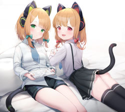 Rule 34 | 2girls, animal ear headphones, animal ears, ass, bed sheet, black bow, black legwear, black shorts, black skirt, blonde hair, blue archive, blue necktie, blush, bow, cat ear headphones, cat ears, cat tail, cellphone, closed mouth, collared shirt, dress, fake animal ears, fake tail, green eyes, hair bow, hair ornament, hair ribbon, headphones, highres, holding, long hair, long sleeves, looking at viewer, lying, midori (blue archive), momoi (blue archive), multiple girls, necktie, on stomach, open mouth, parted bangs, parted lips, phone, pillow, pleated skirt, red bow, red eyes, ribbon, shirt, shorts, siblings, sidelocks, sisters, sitting, skirt, sleeves past wrists, smartphone, smile, somray, tail, tail raised, thighhighs, thighs, tress ribbon, twins, twintails, white shirt
